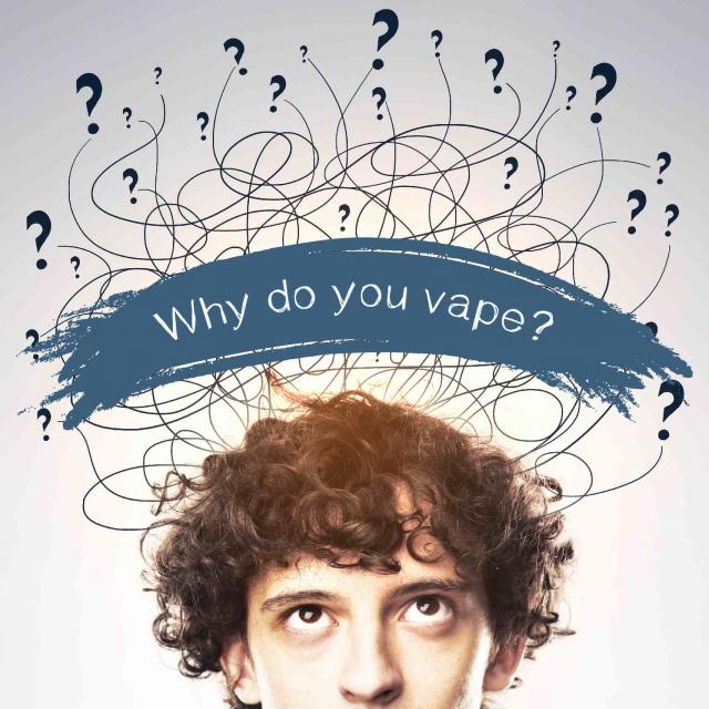 Teen boy with squiggle lines and question marks above his head, with text stating "why do you vape?"
