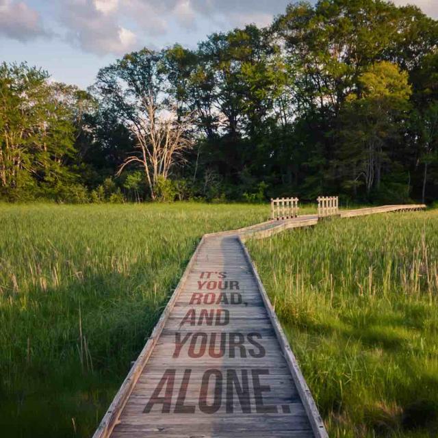 Photo of a boardwalk surrounded by grass and trees with text saying "It's your road, and yours alone."